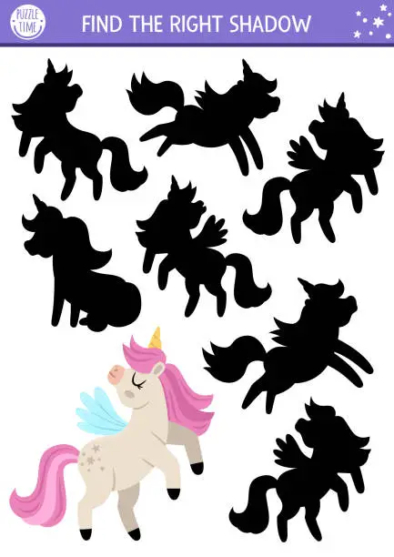 Vector illustration of Unicorn shadow matching activity with cute horse with horn, pink mane, wings. Magic world puzzle with cute character. Find correct silhouette printable worksheet, game. Fairytale page for kids