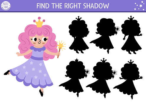 Shadow matching activity with little fairy in purple dress. Magic world puzzle with cute character. Find correct silhouette printable worksheet, game. Fairytale page for kids with little unicorn princess