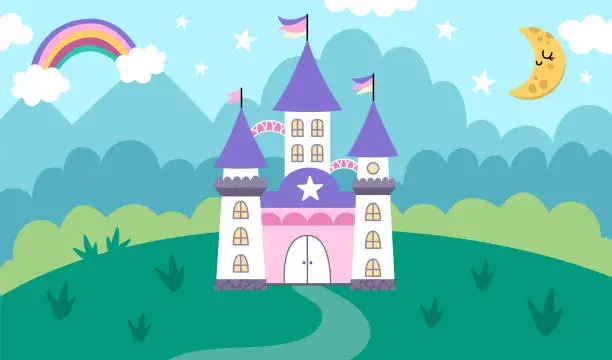 Vector illustration of Vector horizontal background with unicorn castle, field, clouds, stars, rainbow. Fantasy world scene with palace, towers, moon. Fairytale landscape for card, book. Cute night kingdom illustration for kids