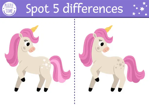 Vector illustration of Unicorn find differences game for children. Fairytale educational activity with horse with horn. Cute puzzle for kids with funny fantasy character. Printable worksheet, page for attention skills