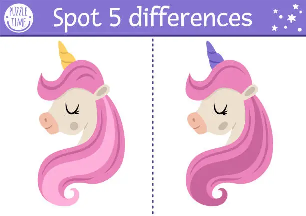 Vector illustration of Find differences game for children. Fairytale educational activity with unicorn head, pink mane. Cute puzzle for kids with funny fantasy character. Printable worksheet, page for attention skills