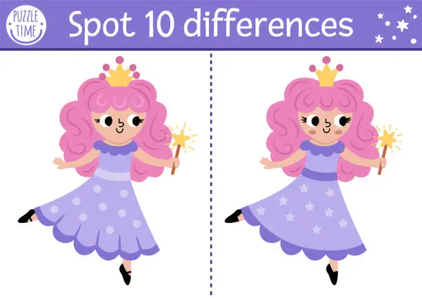 Vector illustration of Unicorn find differences game for children. Fairytale educational activity with fairy girl holding magic wand. Cute puzzle for kids with funny fantasy character. Printable worksheet, page