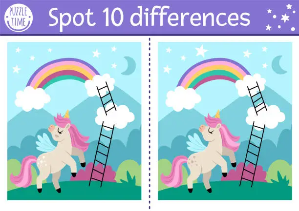 Vector illustration of Unicorn find differences game for children. Fairytale educational activity with horse with horn, rainbow, magic night landscape background. Cute puzzle for kids with funny fantasy character