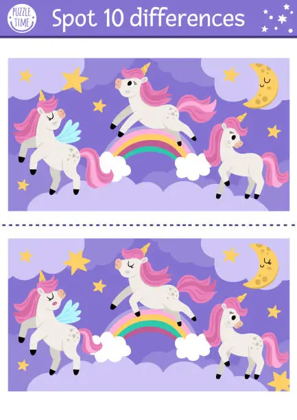 Vector illustration of Find differences game for children with unicorns. Fairytale educational activity with horse with horn, rainbow, magic night landscape background. Cute puzzle for kids with funny fantasy character