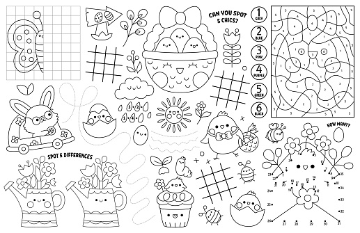 Vector kawaii Easter placemat for kids. Spring holiday printable activity mat with maze, tic tac toe charts, connect the dots, find difference. Black and white play mat, coloring page with bunny