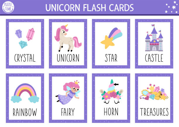 ilustraciones, imágenes clip art, dibujos animados e iconos de stock de tarjetas flash de unicornio vectorial con hada, castillo, arco iris. juego de cuentos de hadas en inglés con lindos personajes para niños. tarjetas didácticas mágicas o fantásticas. hoja de trabajo imprimible educativa simple - baby icons flash