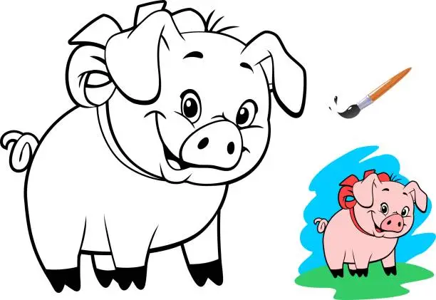 Vector illustration of Cartoon pig. Coloring book for children.