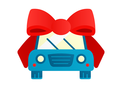 Car as a gift. Tied with red bow on blue auto. Front view of personal transport on wheels. Surprise automobile. Four-wheeled Autocar. Wipers, headlights. Flat design. Isolated. Vector illustration