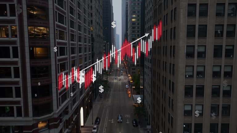 Urban cityscape with a rising stock market graph overlay while apartment costs increase. United States city with inflation animation at dusk. Aerial with motion graphics.