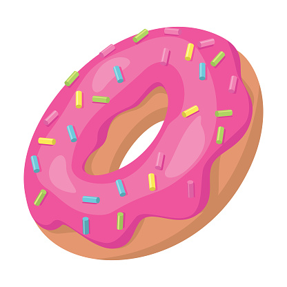 Donut isolated on a white background. Cute, colorful and glossy donuts with pink glaze and multicolored powder. Simple modern design. Vector illustration.