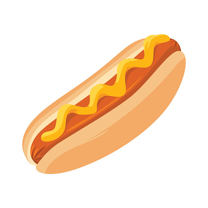 Vector illustration Hot dog with mustard. Sausage in a bun. Unhealthy food.