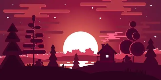 Vector illustration of Flat design. Landscape with trees, house and sun.