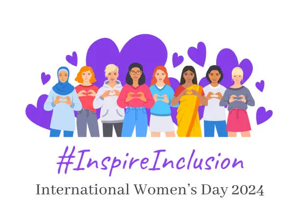 Vector illustration of Inspire inclusion pose International Women's Day 2024 banner