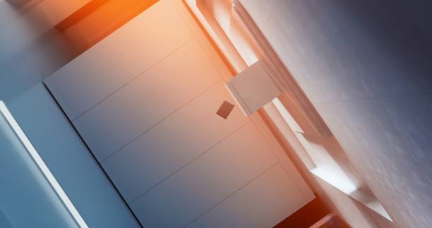 Positioned against the bright, unoccupied room, the laptop floats above the podium, capturing focus with its distinctive presentation.