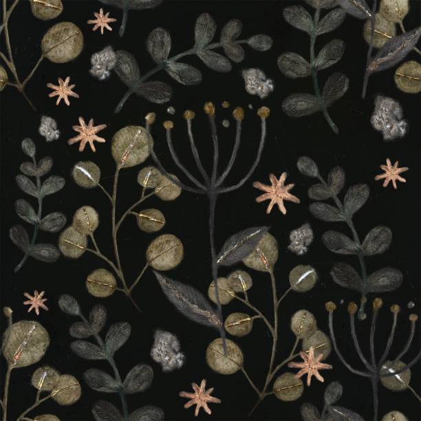 illustrations, cliparts, dessins animés et icônes de seamless watercolor floral pattern in gray and gold colors - autumn branch leaf backgrounds