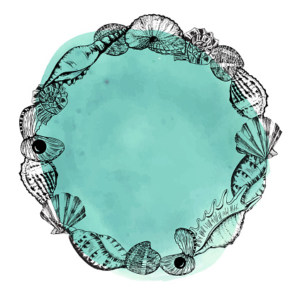 Hand-drawn ink illustration. Circle frame with different sea shells on aquamarine watercolor background. Vector illustration