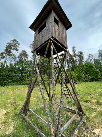 Wooden lookout tower for hunting in the forest. Hunting tower in nature, Czech Republic.