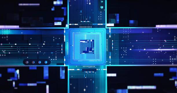 istock Neon illumination enhances the visual appeal of a microchip in this tech-inspired setting. 1999937241