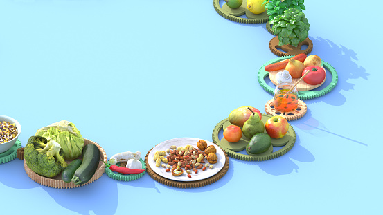 Nutritional supplement and vitamin supplements as a capsule with fruit vegetables nuts and beans inside a nutrient pill as a natural medicine health treatment with 3D illustration elements.