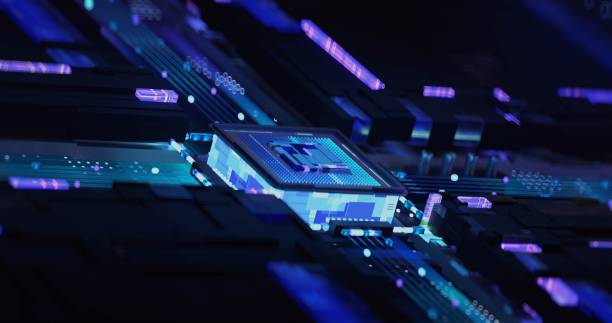 istock Neon lighting accentuates the details of a microchip in this technological scene. 1999938276