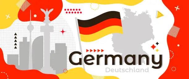 Vector illustration of Germany holiday banner with national flag, country map and Berlin cityscape silhouette