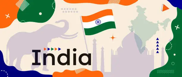 Vector illustration of India Republic Day banner with Indian flag and country map. Holiday design with geometric shapes and memphis style elements