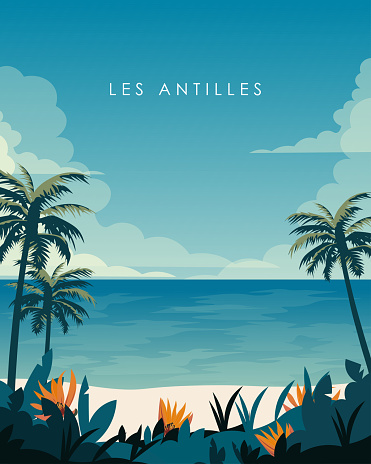 Vector illustration. Tropical island Les antilles. Poster, banner, postcard design. Tourism, travel, flat design.