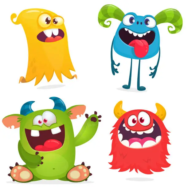 Vector illustration of Funny cartoon monsters set: monster yeti troll gremlin and alien creatures. Halloween vector design isolated