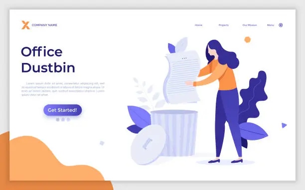 Vector illustration of Landing page template with woman putting document into dustbin or container. Concept of waste management and recycling at office, garbage disposal at work. Modern flat vector illustration for webpage.