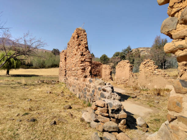 Ruined house in a valley surrounded by mountains, Lesotho