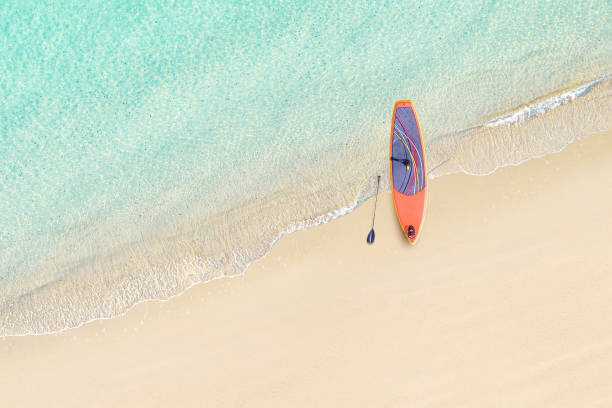 top view of sup board for surfing on the shore on tropical seychelles sand beach. blue, turquoise transparent water surface of ocean, sea, lagoon. aerial, drone view - 11091 ストックフォトと画像