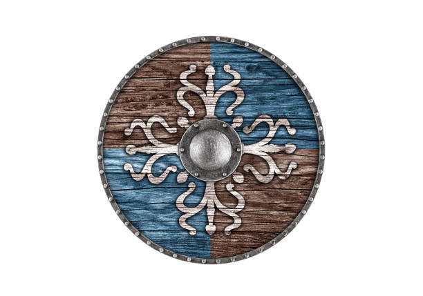 istock Old decorated wooden round shield isolated on white background 2000040512