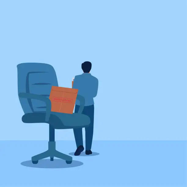 Vector illustration of Man walking away from chair with cardboard and resignation envelope, metaphor for resignation. Simple flat conceptual illustration.