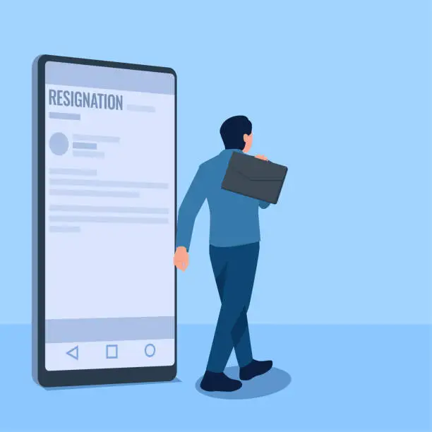 Vector illustration of Man carrying briefcase passing cell phone with resignation email, metaphor for resignation. Simple flat conceptual illustration.