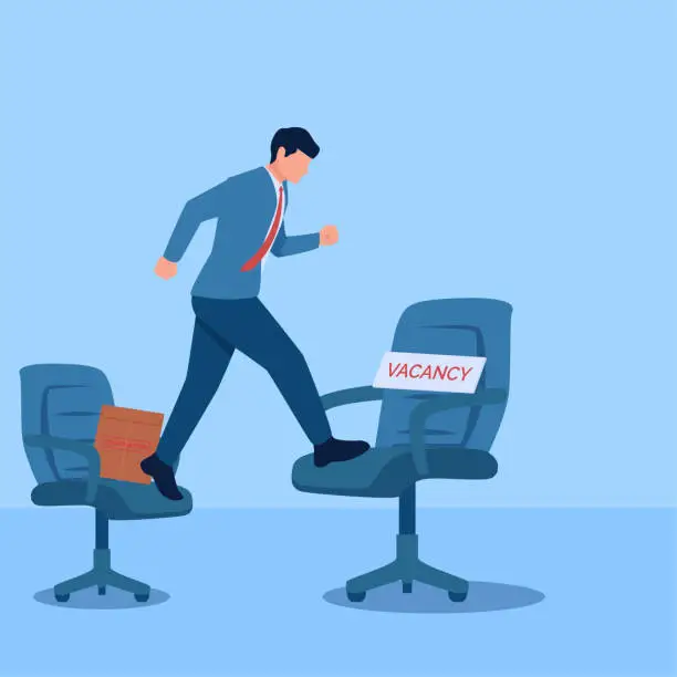 Vector illustration of Man jumps over chair with resignation envelope towards chair with vacancy written on it, metaphor for resignation. Simple flat conceptual illustration.