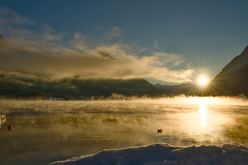 Sunrise over lake Achensee in Winter
