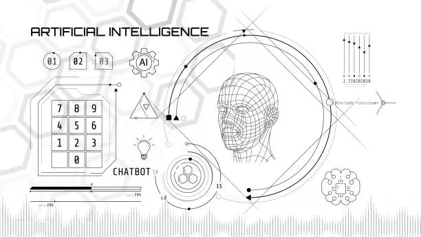 Vector illustration of Built-in artificial intelligence in a technology circle with a 3D head on a abstract background.