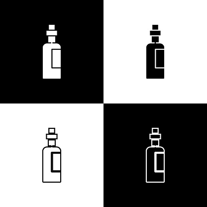 Set Bottle of olive oil icon isolated on black and white background. Jug with olive oil icon. Vector.