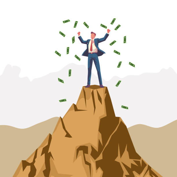 istock A man with financial freedom in a work suit Standing on top of a mountain and scattering large amounts of money 2000096542