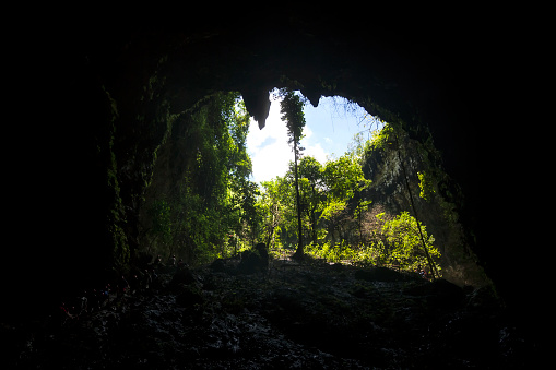 Underground view from Indonesian rainforest large cave opening in Jomblang caves in Indonesia