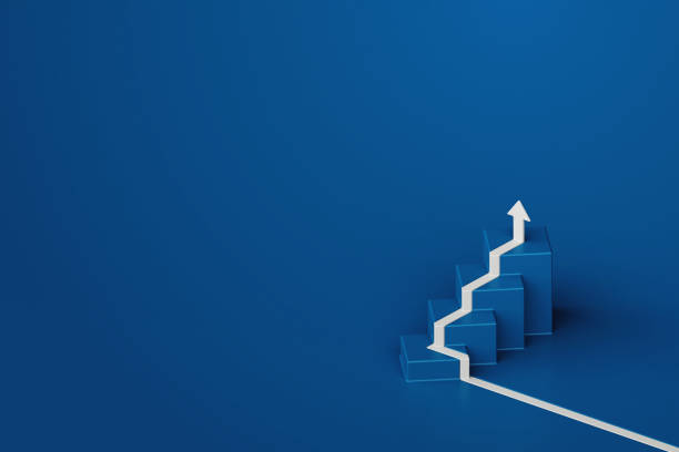 istock White arrow with step stair on blue background, business way concept, minimal style, 3d rendering 2000103507