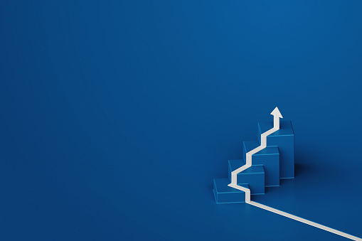 White arrow with step stair on blue background, business way concept, minimal style, 3d rendering