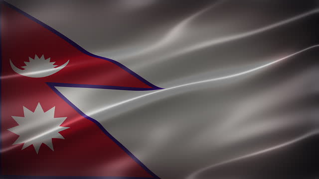 The National Flag of Nepal, full frame, front view, glossy, fluttering, elegant silky texture, waving in the wind, realistic 4K CG animation, sleek, movie-like look, seamless loop-able.