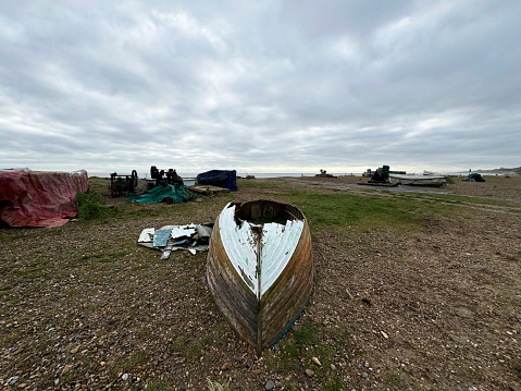 Damaged boat on the coast in Suffolk