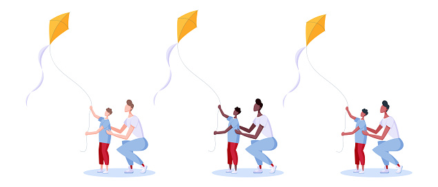 Parent and child fly a kite. Playing in the outdoor. Set of people with kids in different ethnicities playing with wind toy. Flat style vector illustration.