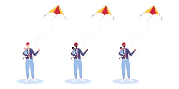 Vector illustration of Set of fathers and children playing kites outdoors.