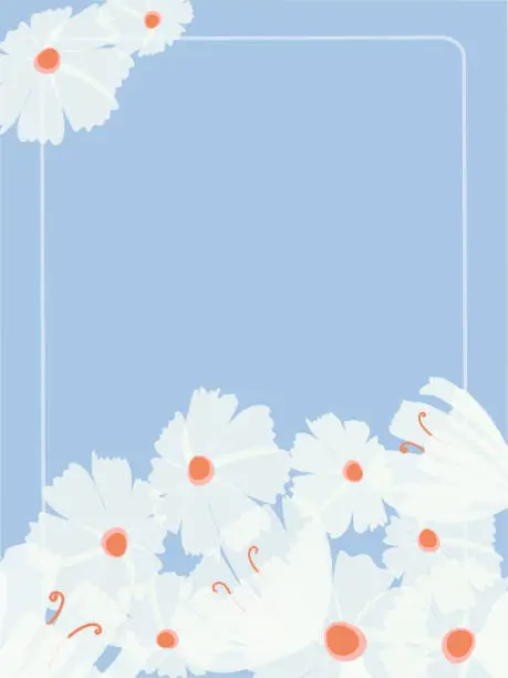 Vector illustration of White translucent flowers on a blue background. Spring floral universal greeting card. Vector illustration