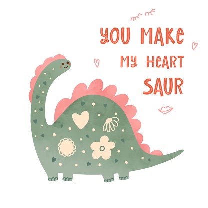 Valentines day cute dinosaur heart, flower, romantic text You make my heart saur. Love lettering element, handwritten phrase. Childish print for cards, stickers. Funny kids animal illustration