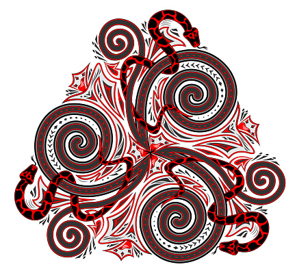 Fantasy drawing of Celtic popular ornament of trickle symbol and interweaving snakes. Printable template for modern print, embroidery, Henna, tattoo, decoration. Geometric circle triple spiral.