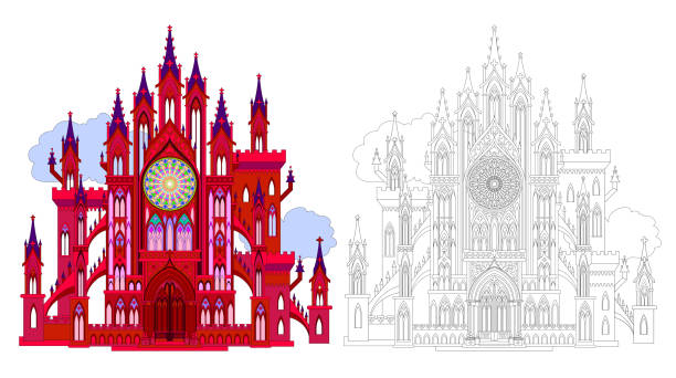 カラフルで白黒のパターンで着色できます。バラ、塔、門を持つ古代中世のゴシック様式の城のファンタジーイラスト。子供と大人のための塗り絵のためのワークシート。ベクター画像。 - window rose window gothic style architecture点のイラスト素材／クリップアート素材／マンガ素材／アイコン素材